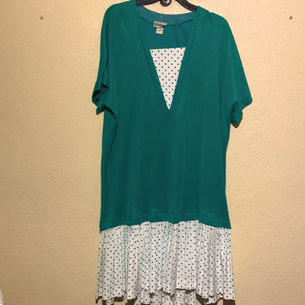 Gemini Sweater Dress Short Sleeve Green White Polka Dots Pleated Bottom Size 22